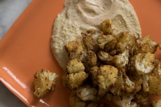 Middle Eastern Spicy Roasted Cauliflower over Hummus and Spicy Greek Yogurt Fete-a-Tete