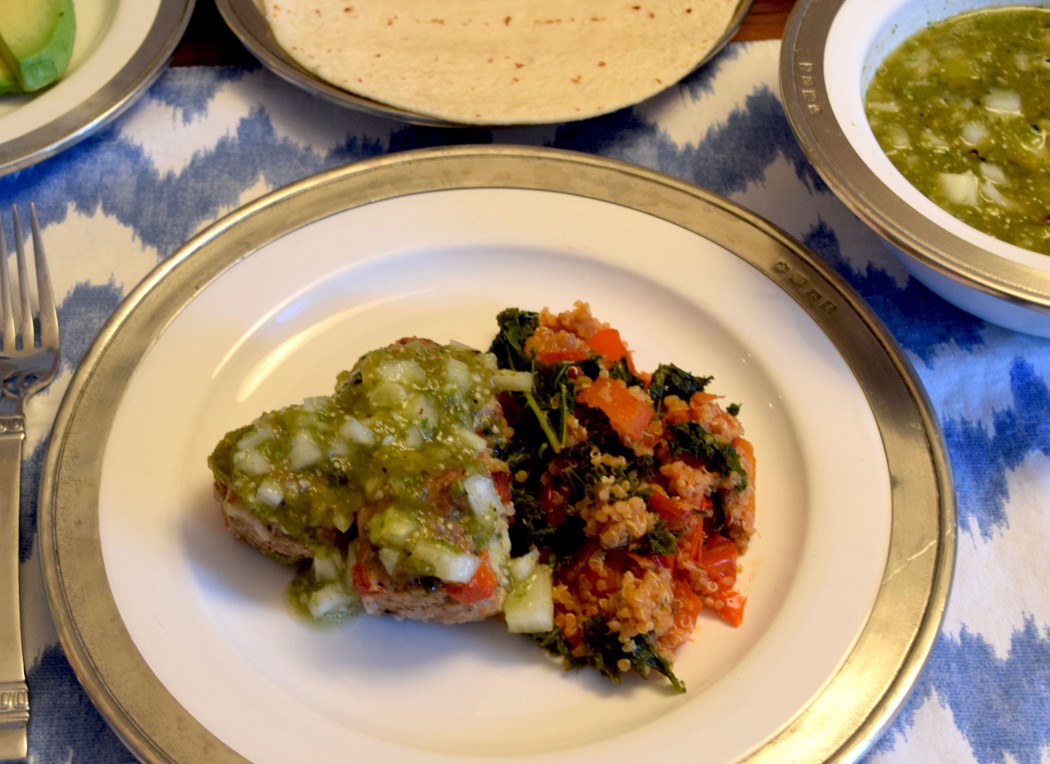 Poblano Pepper Meatballs with Roasted Tomatillo Salsa Served over a Kale – Quinoa Salad Fete-a-Tete