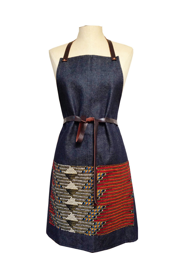 Chevron, Denim, and Leather Bib Apron Fete-a-Tete