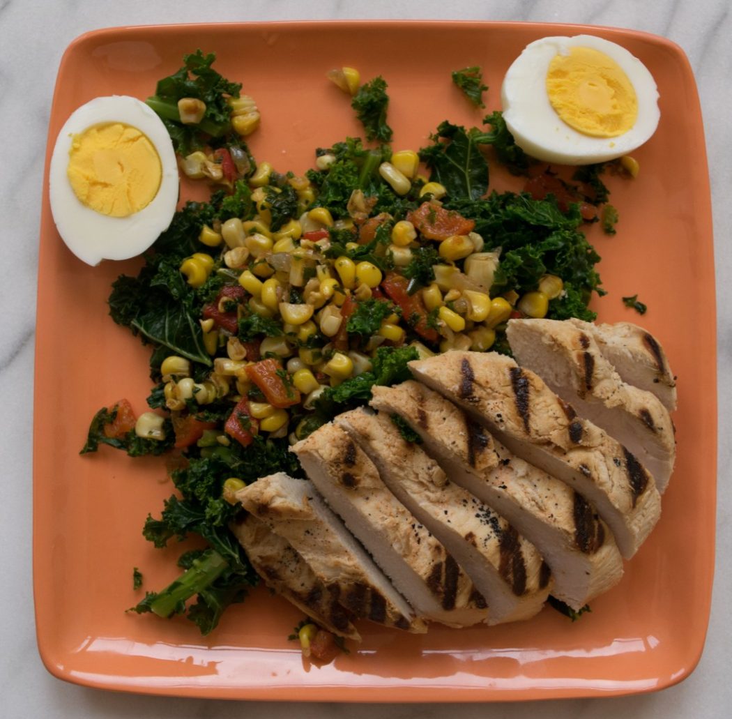 Grilled Chicken with Cooked Kale and Corn Salad Fete-a-Tete