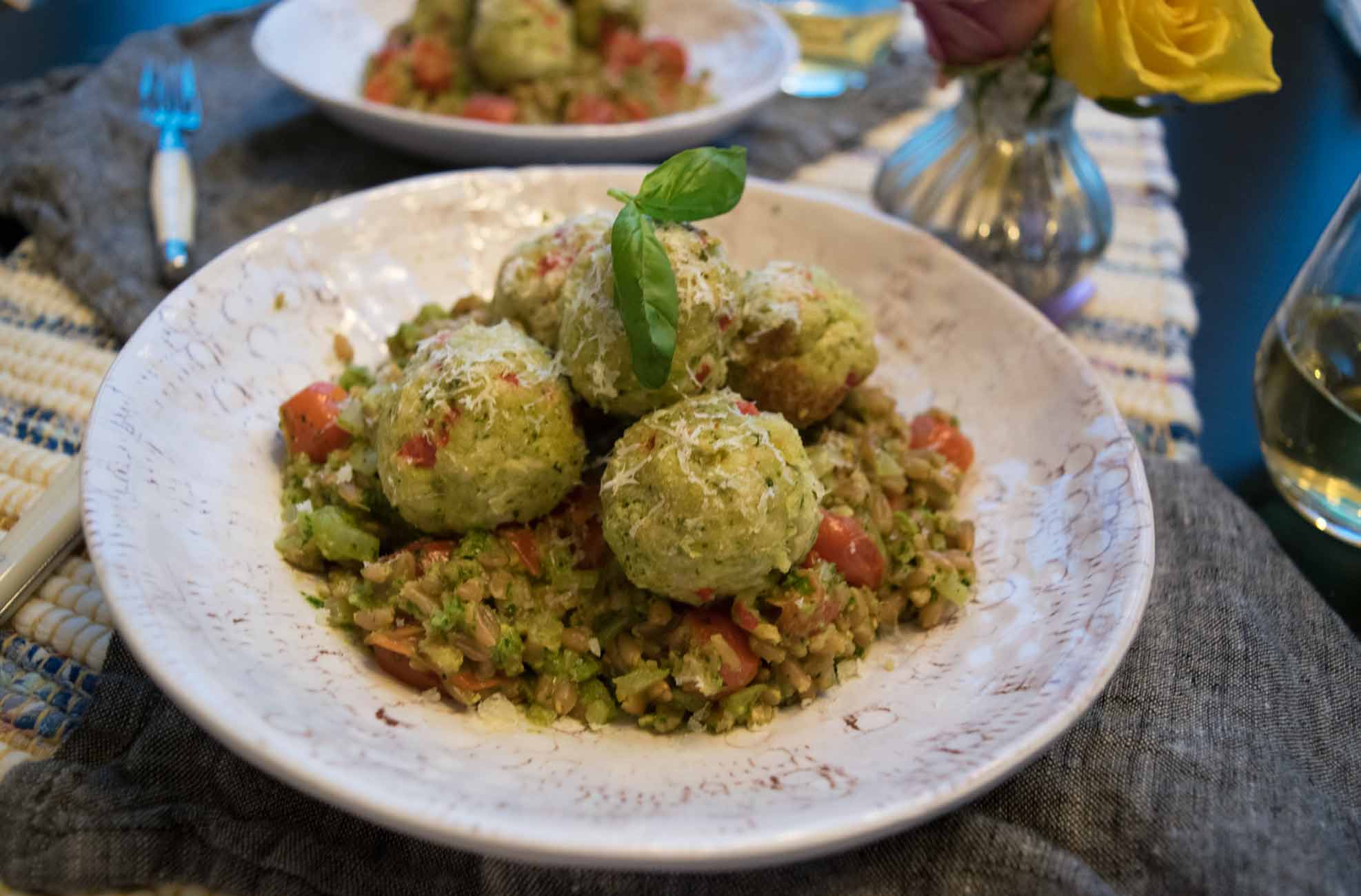 Almond, Herb, and Spinach Pesto Turkey Balls in a Warm Farro Bowl