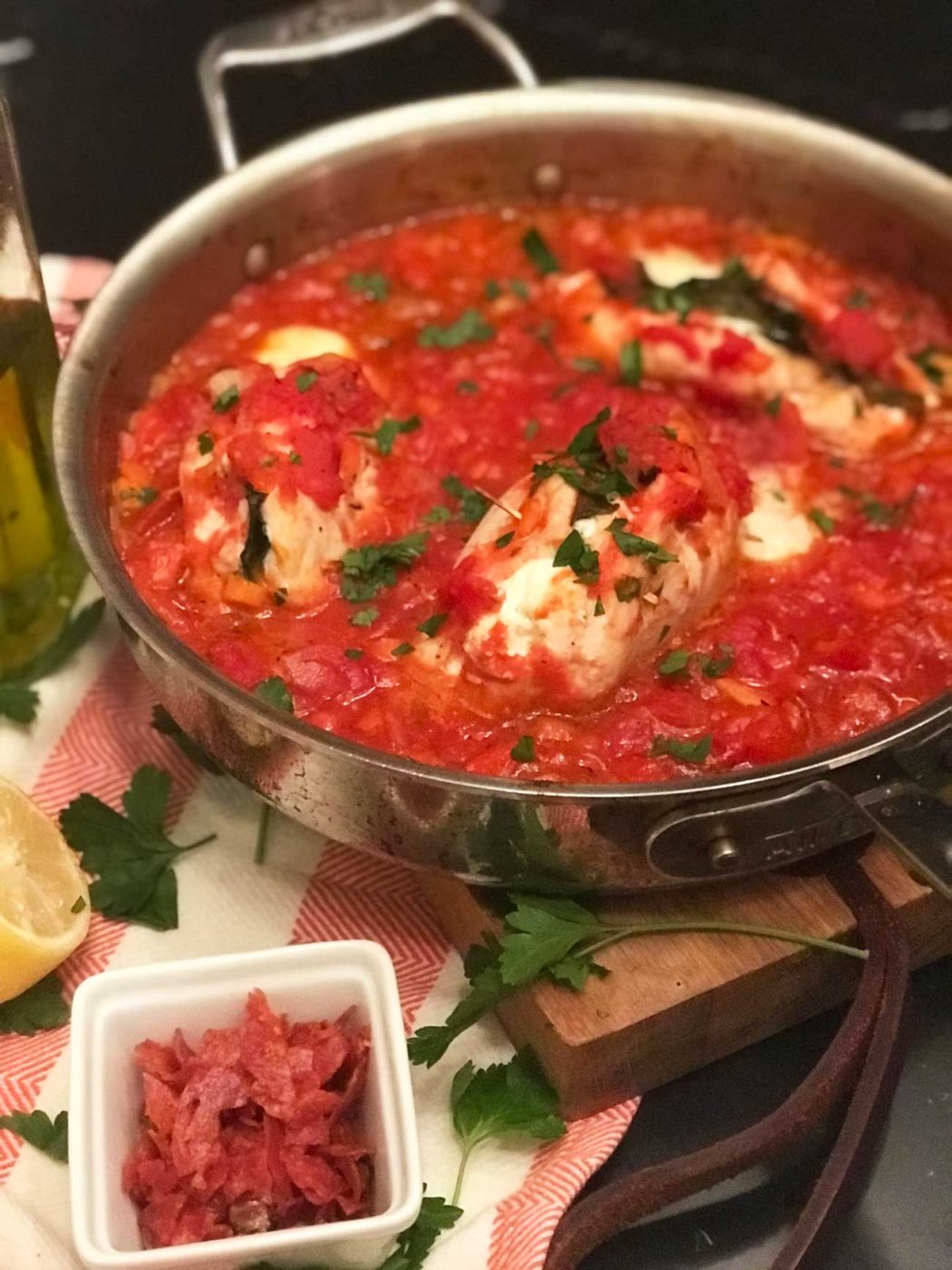 Swiss Chard and Mozarella Stuffed Chicken Braised in Spicy Soppressata